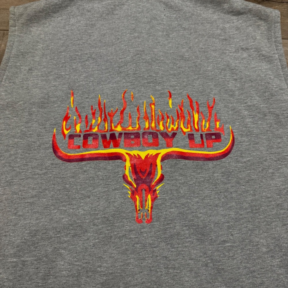 Cowboy Up Mens XL Sleeveless Full Zip Hoodie Gray Flaming Bull Graphic Vest y2k - Picture 9 of 9